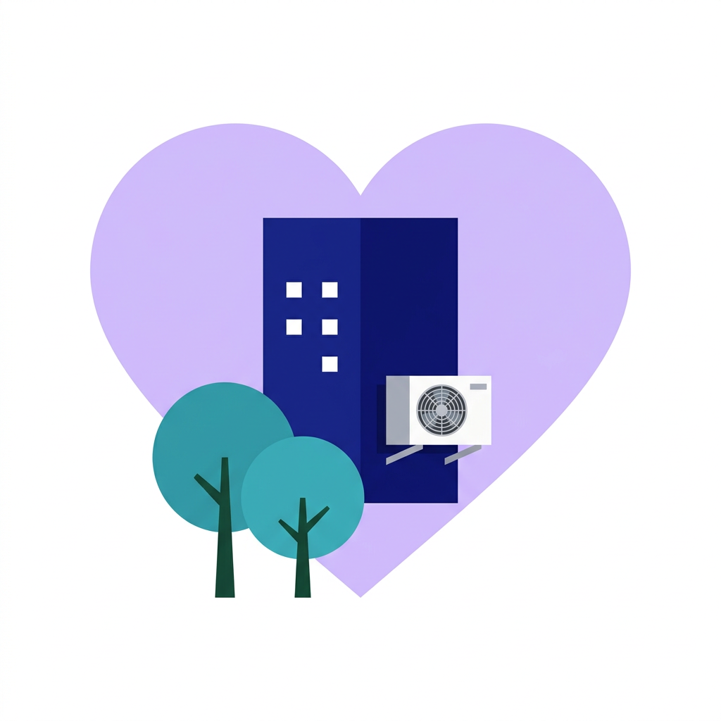 Illustration : une maison avec sa pompe à chaleur, entourée de deux arbres, devant un grand cœur lavande.